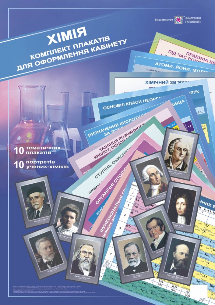 

Хімія. Комплект плакатів для оформлення кабінету. 10 плакатів + 10 портретів