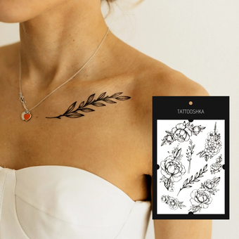 «Тимчасове тату Tattooshka Піони з гілочками (TH-391)», бренда Tattooshka - фото №2 - миниатюра