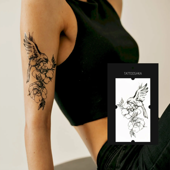«Тимчасове тату Tattooshka Квіти з птахом (QC-909)», бренда Tattooshka - фото №2 - миниатюра