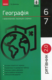 Бумажная книга «Рятівник 2.0. Географія у визначеннях, таблицях і схемах.  6-7 клас», автор Галина Довгань - фото №1 - миниатюра
