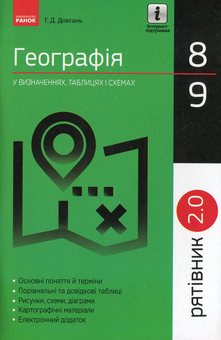 Бумажная книга «Рятівник 2.0. Географія у визначеннях, таблицях і схемах.  8-9 клас», автор Галина Довгань - фото №1 - миниатюра