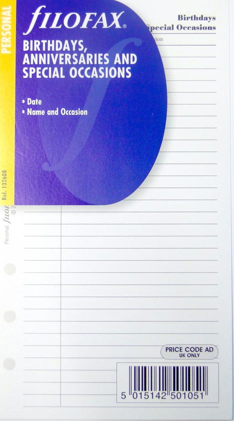  «Комплект бланків Filofax Personal White Дні народження і свята (132608)», бренду Filofax - фото №1