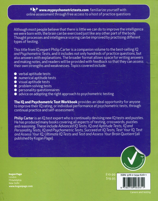 Паперова книга «IQ and Psychometric Test Workbook: Essential Preparation for Verbal, Numerical and Spatial Aptitude Tests, and Personality Tests», автор Філіп Картер - фото №1