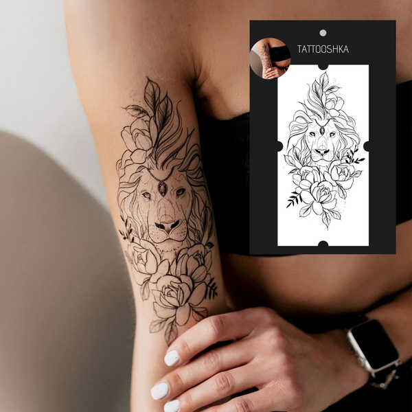  «Тимчасове тату Tattooshka Лев із квітами (XQB-126)», бренда Tattooshka - фото №1