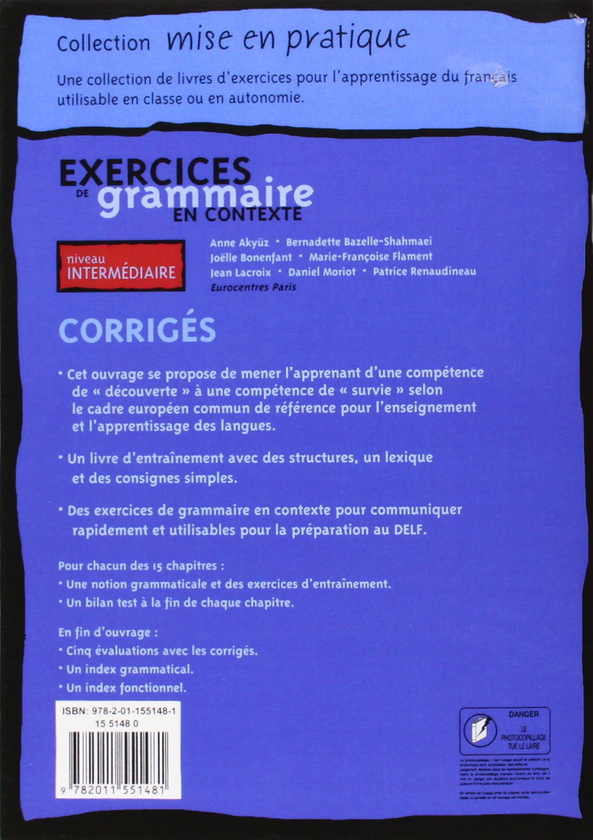 Бумажная книга «Exercices De Grammaire en contexte: Niveau Intermediaire - Corrigés » - фото №1