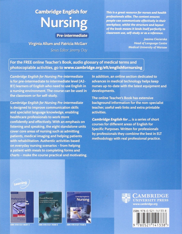 Паперова книга «Cambridge English for Nursing Pre-intermediate Student's Book (+CD)», автор Вирджиния Аллум - фото №1