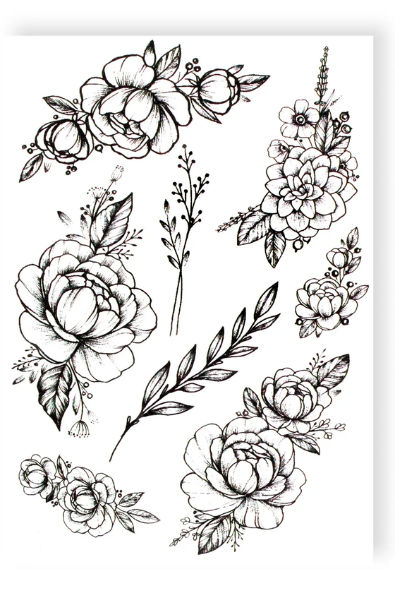 «Тимчасове тату Tattooshka Піони з гілочками (TH-391)», бренда Tattooshka - фото №1