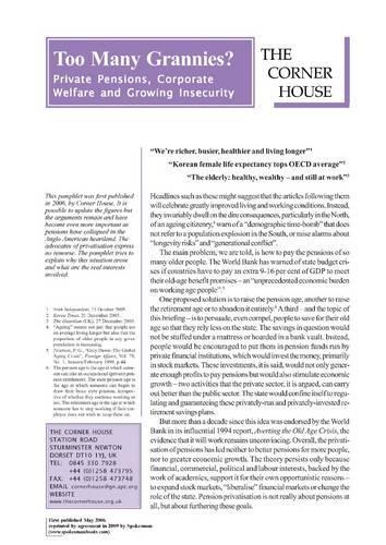 Паперова книга «Too Many Grannies?: Private Pensions, Corporate Welfare and Growing Insecurity», авторів Річард Міннс, Сара Секстон - фото №1
