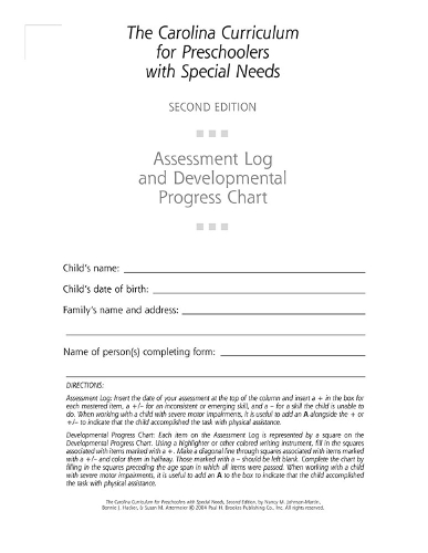 Бумажная книга «Assessment Log and Developmental Progress Charts Preschoolers with Special Needs (CCPSN)», авторов Бонни Хакер, Нэнси Джонсон-Мартин, Сьюзен М. Аттермайер - фото №1