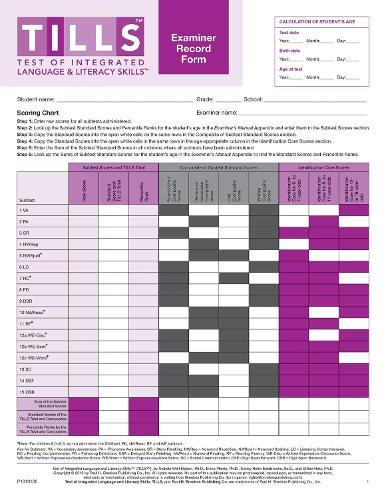 Паперова книга «Test of Integrated Language and Literacy Skills® (TILLS®) Examiner Record Form», авторів Олена Плант, Джилліан Хотц, Ненсі Хелм-Естабрукс, Нікола Нельсон - фото №1