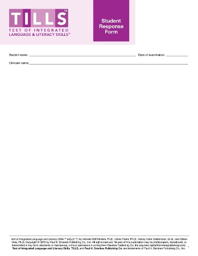 Паперова книга «Test of Integrated Language and Literacy Skills® (TILLS®) Student Response Form», авторів Олена Плант, Джилліан Хотц, Ненсі Хелм-Естабрукс, Нікола Нельсон - фото №1