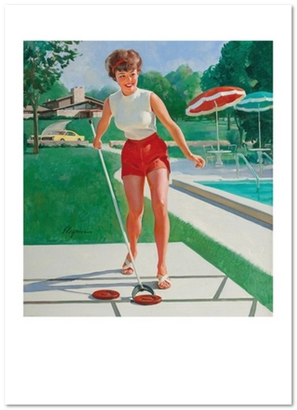 «Открытка Gil Elvgren — Shuffleboard Player, Girl Playing Shuffleboard, NAPA ad illustration (GE40)», бренда Artistic Card - фото №1