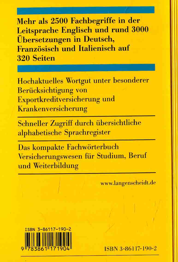 Бумажная книга «Langenscheidts Fachwörterbuch Kompakt, Fachwörterbuch Kompakt Versicherungswesen, Englisch-Deutsch-Französisch-Italienisch » - фото №1