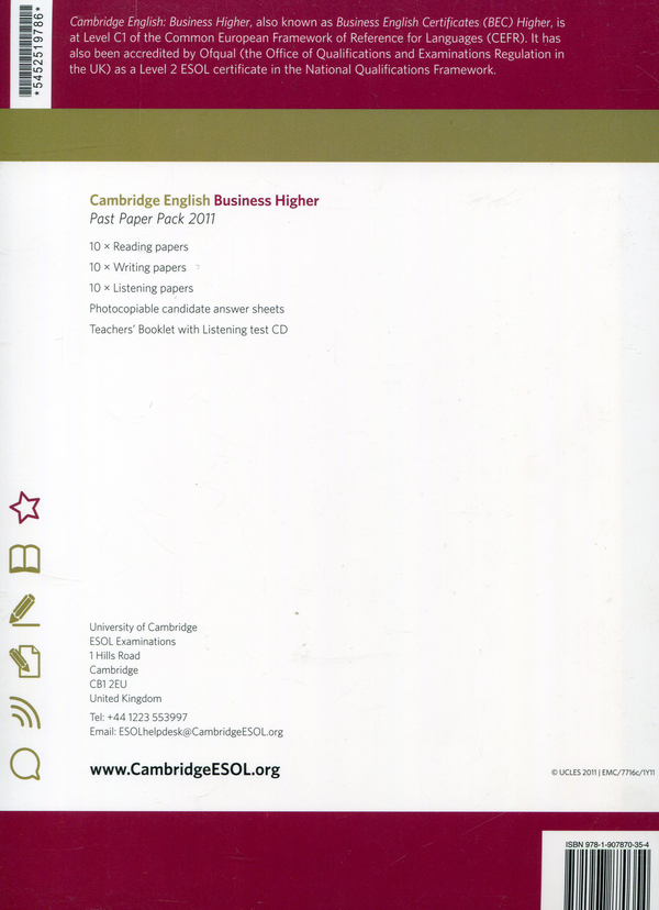 Бумажная книга «Cambridge English Business Higher. Past Paper Pack 2011 (BEC) (+ CD-ROM)» - фото №1