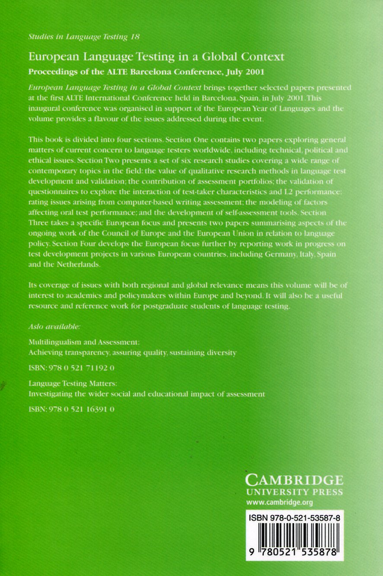 [object Object] «Studies in Language Testing. Volume 18. European Language Testing in a Global Context. Proceedings of the ALTE Barcelona Conference, July 2001» - фото №2 - миниатюра