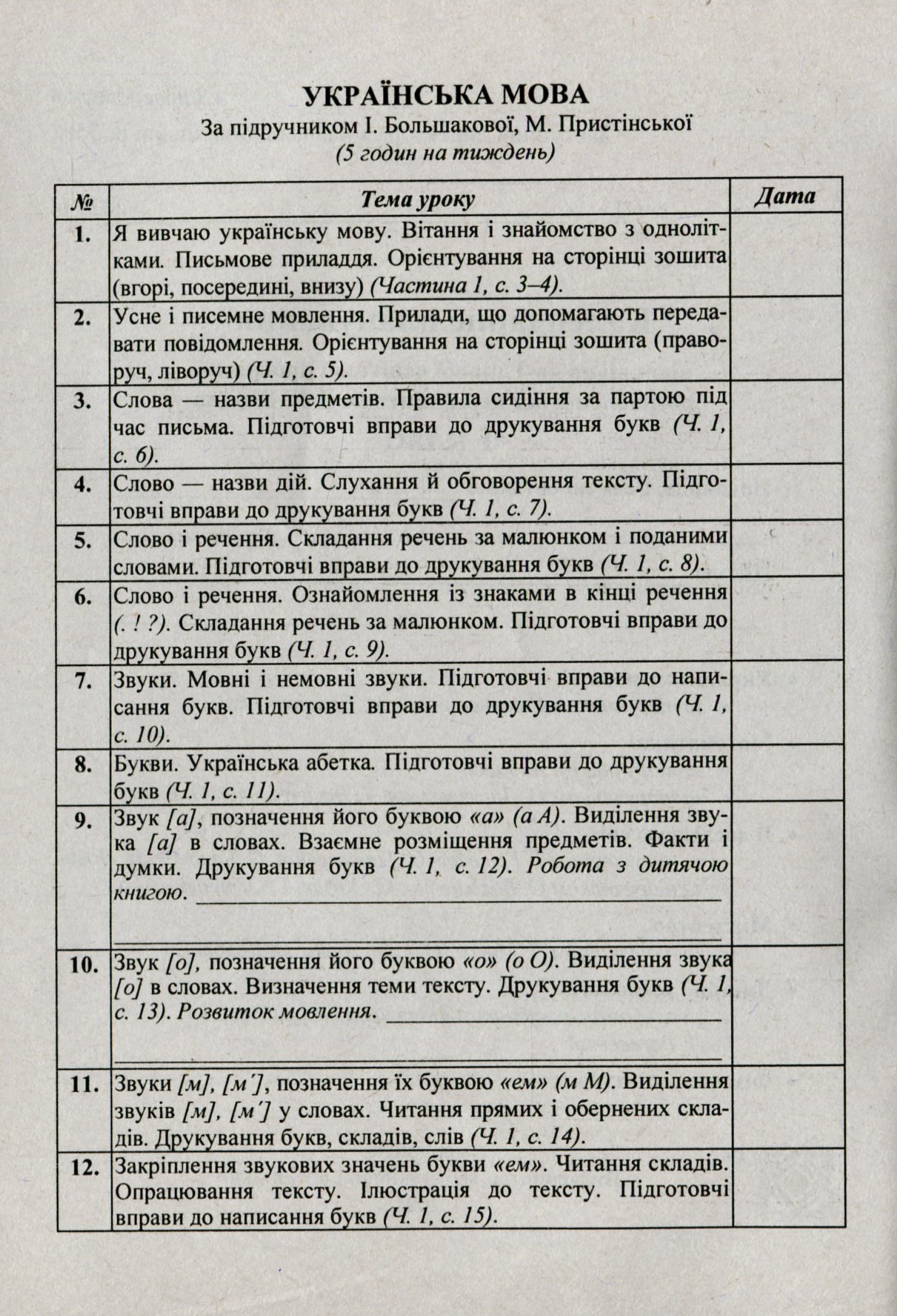 Календарне планування. 1 клас (за програмою Шиян Р.) на 2022-2023 н.р. — фото 3