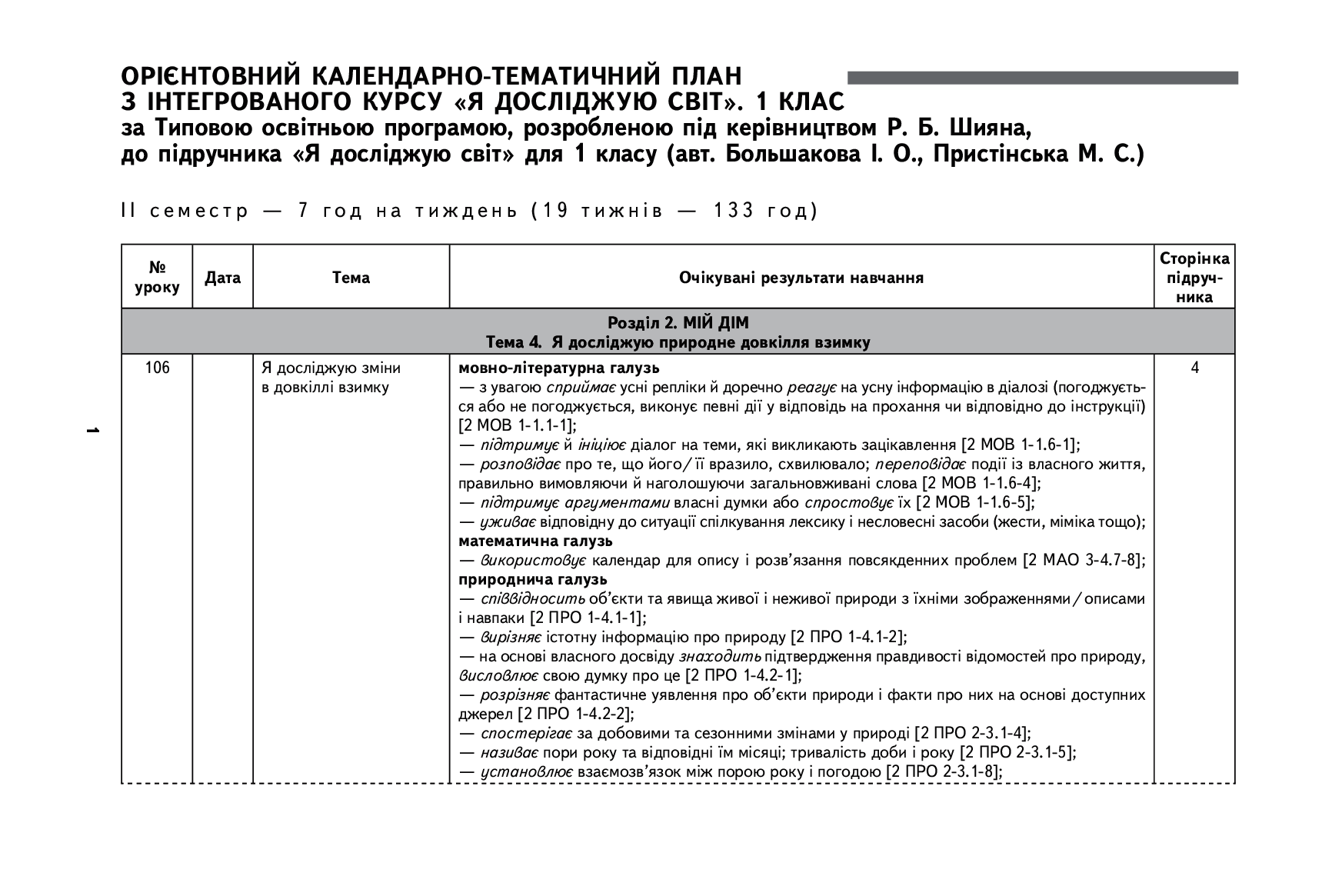 [object Object] «Я досліджую світ. 1 клас. ІI семестр. Орієнтовний календарно-тематичний план до підручника І. О. Большакової, М. С. Пристінської», авторів Марина Пристинська, Інна Большакова - фото №2 - мініатюра